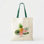 Watercolor Pineapple Tropical Custom Tote Bag<br><div class="desc">Customizable tropical tote bag featuring watercolor pineapple,  hibiscus,  split leaf philodendron and palm leaves. Customizable by adding names or short phrase. This will be perfect as a favor bag for summer weddings,  baby showers and other events.</div>