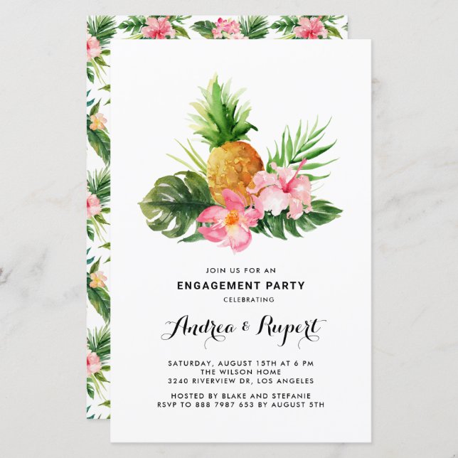 Watercolor Pineapple Tropical Engagement Party (Front/Back)