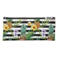 Watercolor pineapple tropical flower black stripes pencil case