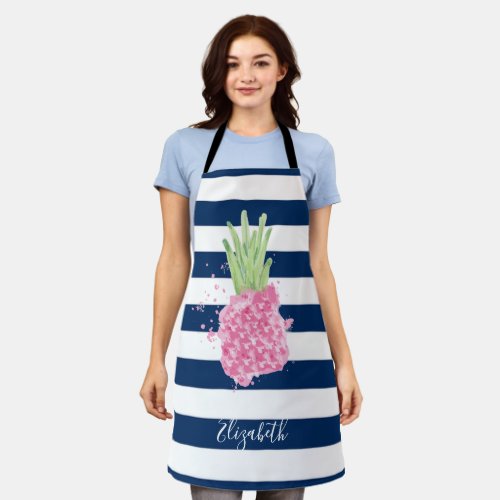 Watercolor Pineapple Tropical Navy Blue Striped  Apron