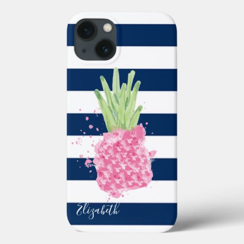 Watercolor Pineapple Tropical Navy Blue Striped   iPhone 13 Case