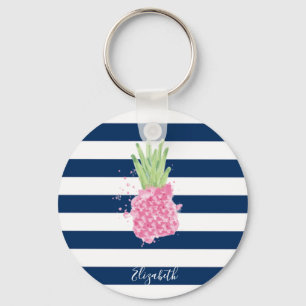 Watercolor Pineapple Tropical ,Navy Blue Striped   Keychain