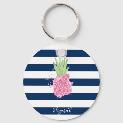 Watercolor Pineapple Tropical Navy Blue Striped   Keychain
