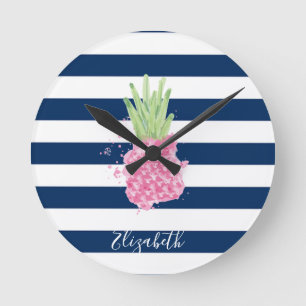 Watercolor Pineapple Tropical ,Navy Blue Striped Round Clock