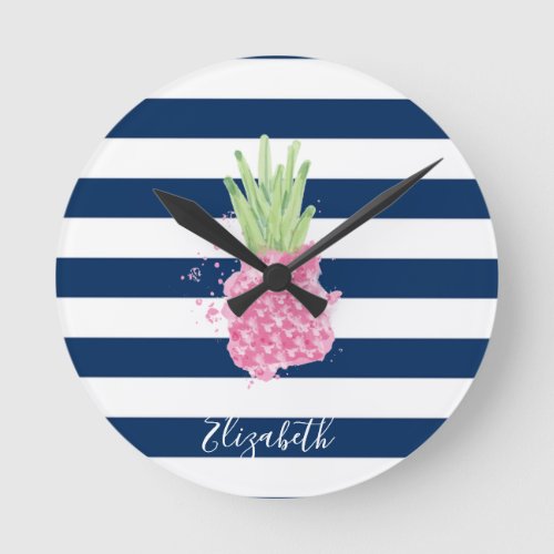 Watercolor Pineapple Tropical Navy Blue Striped   Round Clock