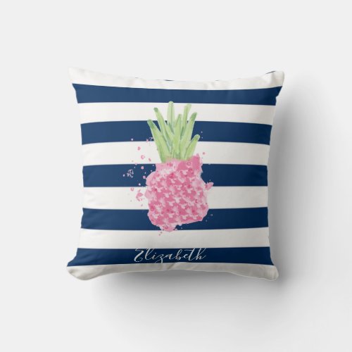 Watercolor Pineapple Tropical Navy Blue Striped   Throw Pillow