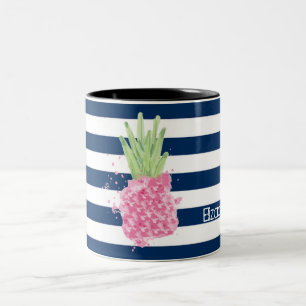 Watercolor Pineapple Tropical ,Navy Blue Striped Two-Tone Coffee Mug
