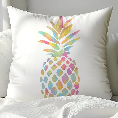 Watercolor Pineapple Tropical Rainbow Throw Pillow