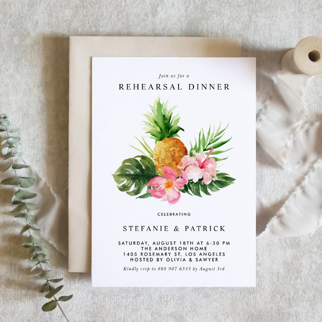 Watercolor Pineapple Tropical Rehearsal Dinner Invitation (Tropical wedding rehearsal dinner invitation featuring watercolor pineapple, hibiscus and greenery.)