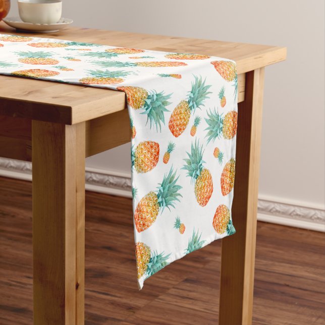 Watercolor Pineapples Pattern on White Short Table Runner (In Situ)