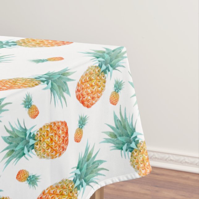 Watercolor Pineapples Pattern on White Tablecloth (In Situ)