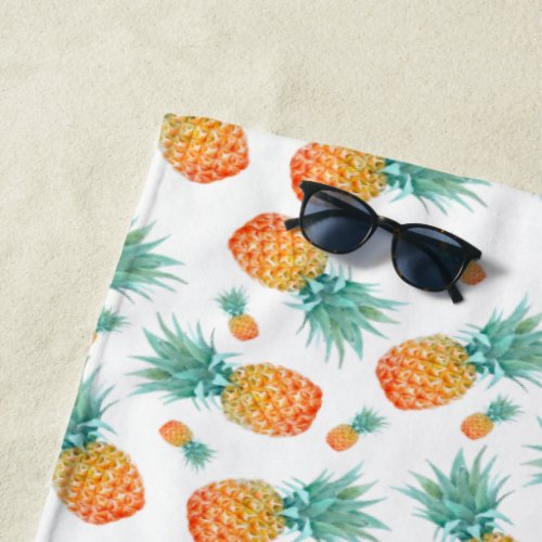 Watercolor Pineapples Pattern White Personalised Beach Towel