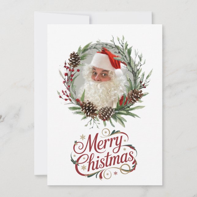 Watercolor Pinecone and Berry Christmas Wreath Holiday Card (Front)