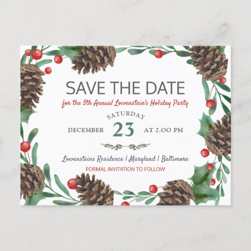 Watercolor Pinecone  Holiday Party Save The Date Announcement Postcard