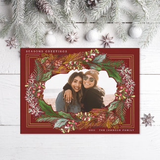 Watercolor Pinecone Red Frame Holiday Photo