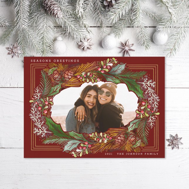 Watercolor Pinecone Red Frame Holiday Photo Card (Creator Uploaded)