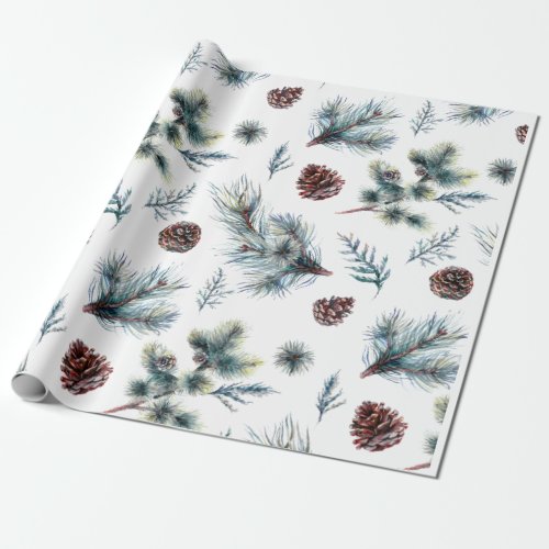 Watercolor Pinecone Sprigs Christmas Wrapping Paper