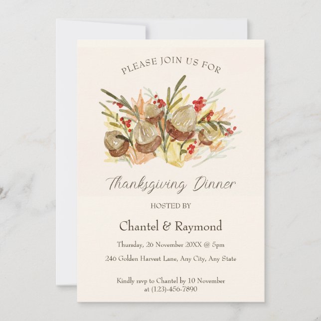 Watercolor Pinecone Thanksgiving Dinner Invitation (Front)