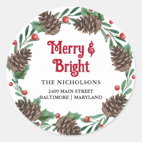 Watercolor Pinecone Wreath Holiday Return Address  Classic Round Sticker