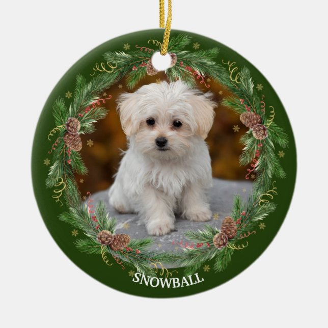 Watercolor Pinecone Wreath Pet Photo    Ceramic Ornament (Front)