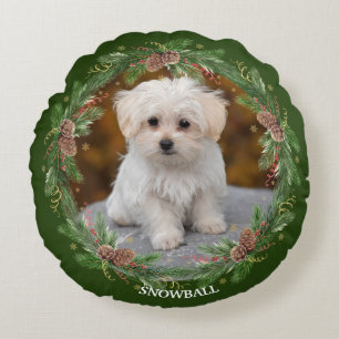 Watercolor Pinecone Wreath Pet Photo Round Pillow