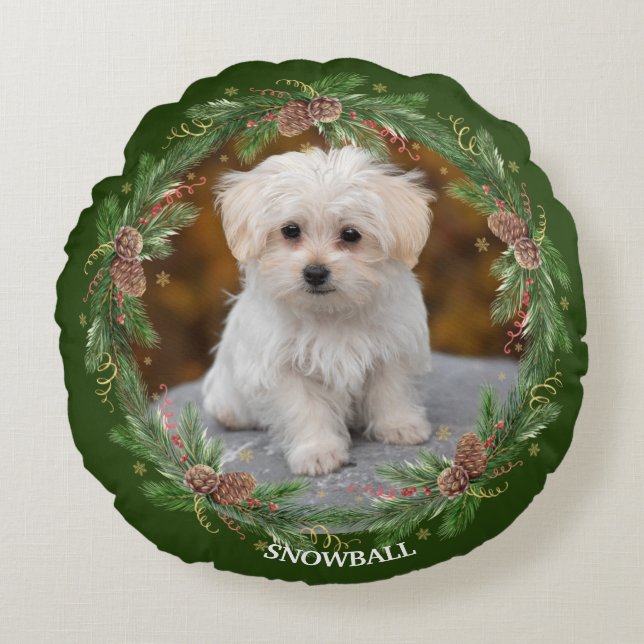 Watercolor Pinecone Wreath Pet Photo Round Pillow (Front)