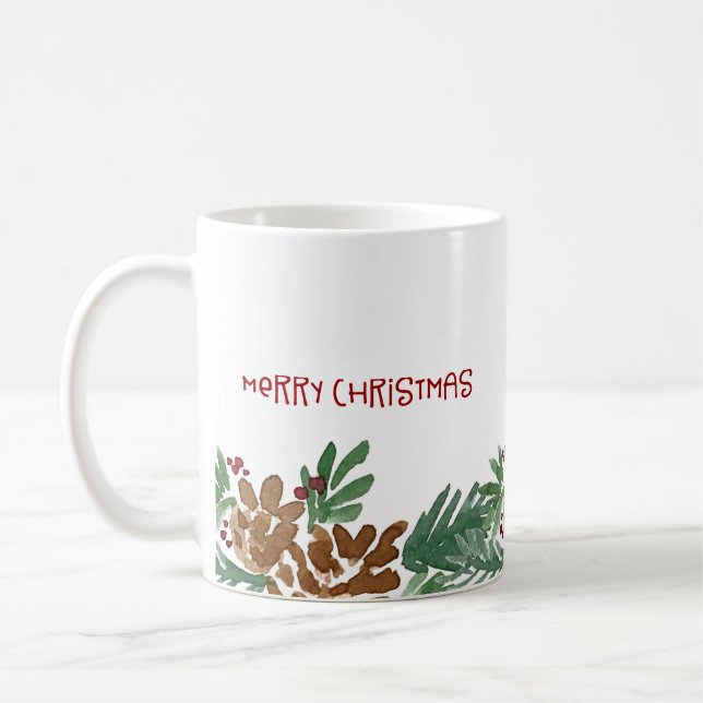 Watercolor Pinecones Border Merry Christmas Coffee Mug (Left)