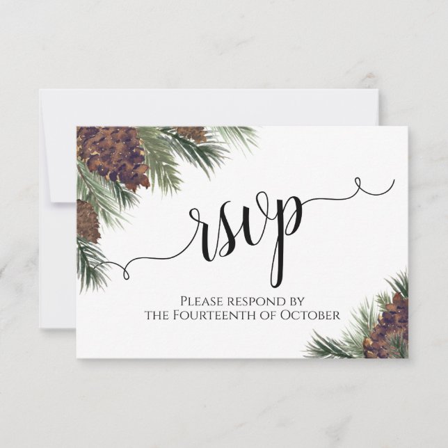 Watercolor Pinecones & Greenery Rustic Wedding RSVP Card (Front)