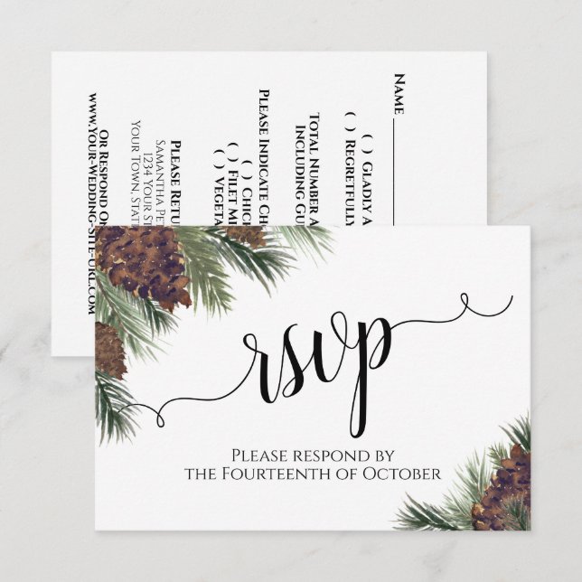 Watercolor Pinecones & Greenery Rustic Wedding RSVP Card (Front/Back)
