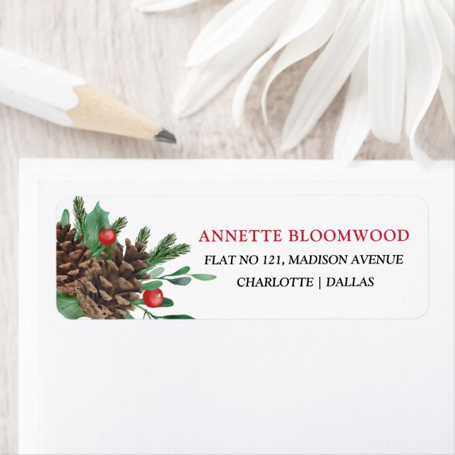 Watercolor Pinecones Holly Leaves Holiday Label (Insitu)
