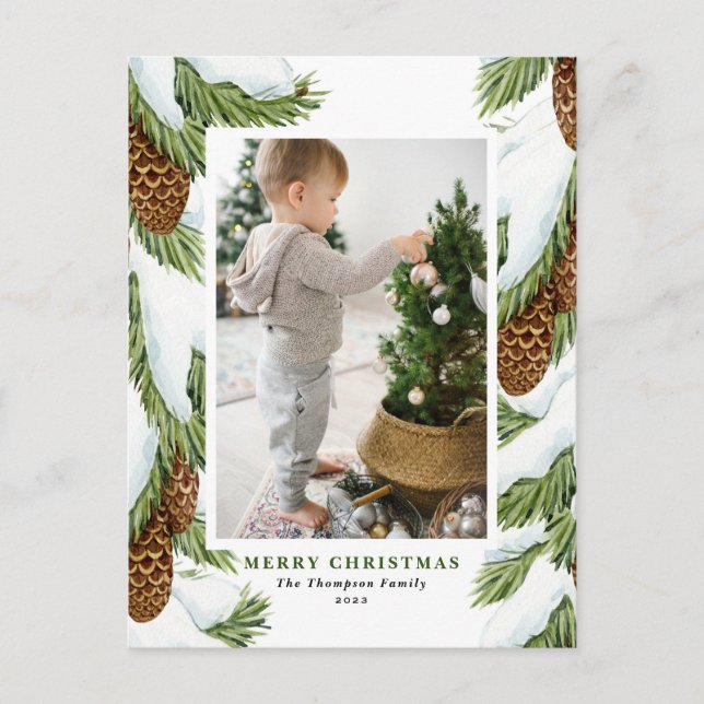 Watercolor Pinecones Merry Christmas Photo Holiday Postcard (Front)