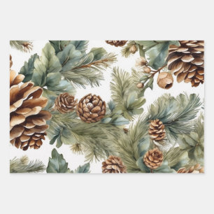 Watercolor Pinecones, Tree Branches Nature Collage Wrapping Paper Sheets