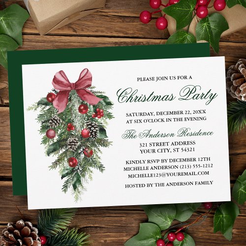 Watercolor Pines Berries Bow Green Christmas Party Invitation