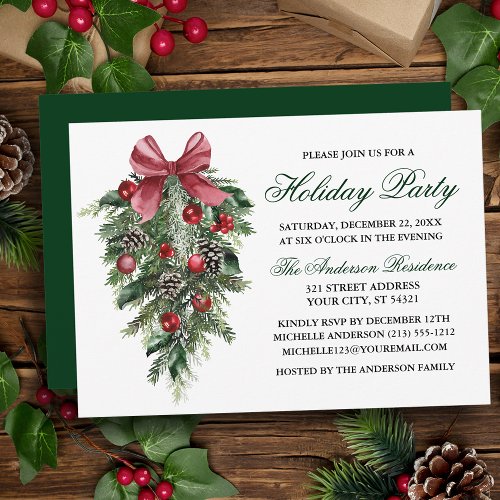 Watercolor Pines Berries Bow Green Holiday Party Invitation