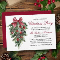 Watercolor Pines Berries Bow Red Christmas Party