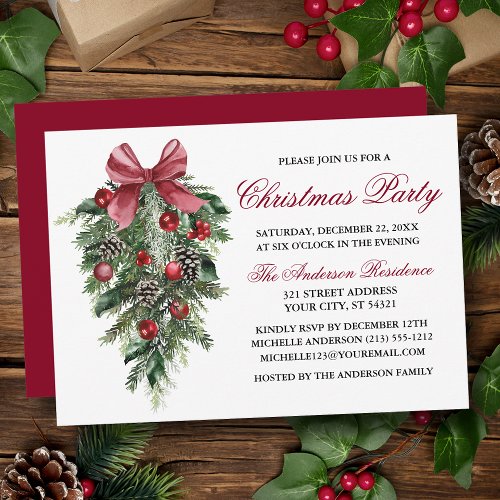 Watercolor Pines Berries Bow Red Christmas Party Invitation