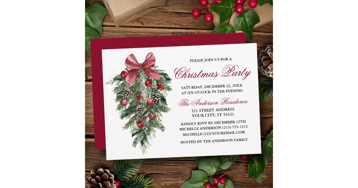 Watercolor Pines Berries Bow Red Christmas Party Invitation | Zazzle