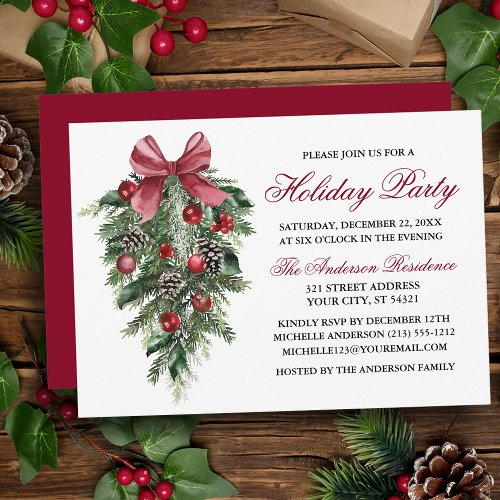 Watercolor Pines Berries Bow Red Holiday Party Invitation