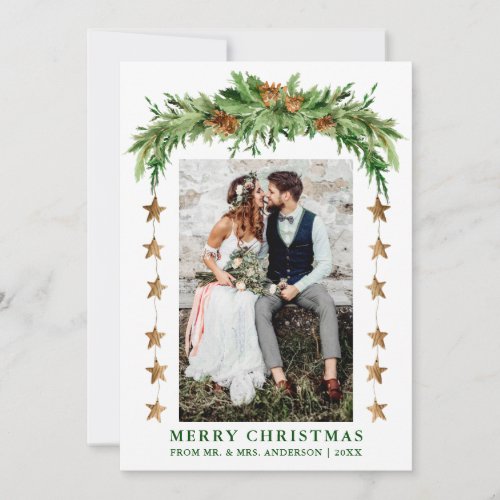 Watercolor Pines Boho Christmas Newlywed Couple Holiday Card
