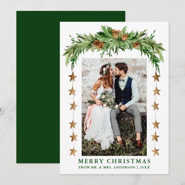 Watercolor Pines Boho Christmas Newlywed Green Holiday Card (Front/Back)