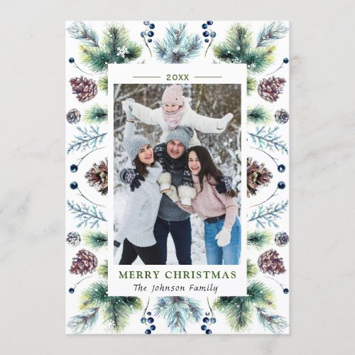 Watercolor Pines Branch Frame Christmas PHOTO Holiday Card