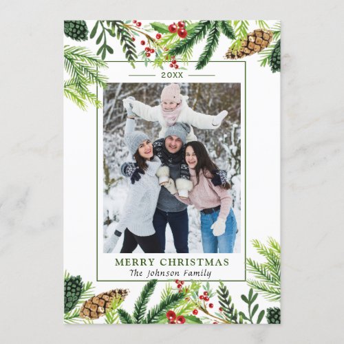 Watercolor Pines Branch Frame Christmas PHOTO Holiday Card