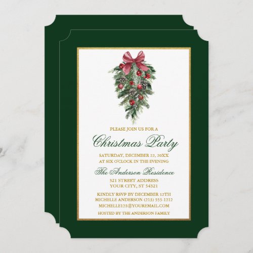 Watercolor Pines Calligraphy Gold Christmas Party Invitation