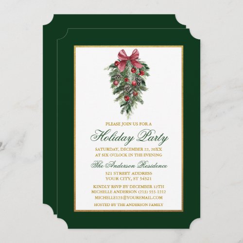 Watercolor Pines Calligraphy Gold Holiday Party Invitation