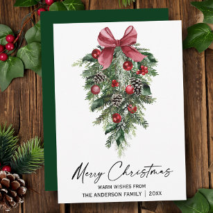 Watercolor Pines Calligraphy Ink Christmas Green Holiday Card