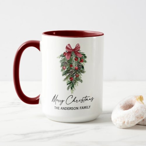 Watercolor Pines Calligraphy Ink Christmas Large Mug