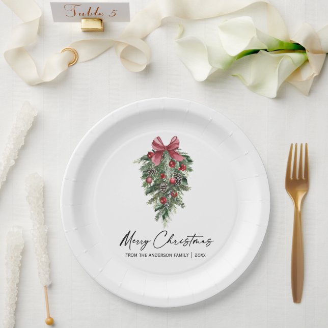 Watercolor Pines Calligraphy Ink Christmas Paper Plates (Wedding)