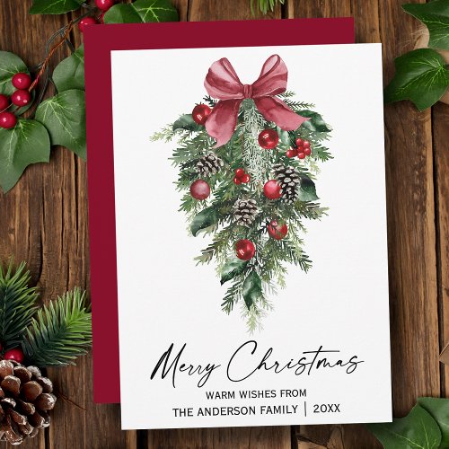 Watercolor Pines Calligraphy Ink Christmas Red Holiday Card