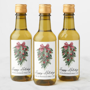 Watercolor Pines Calligraphy Ink Holiday Mini Wine Label