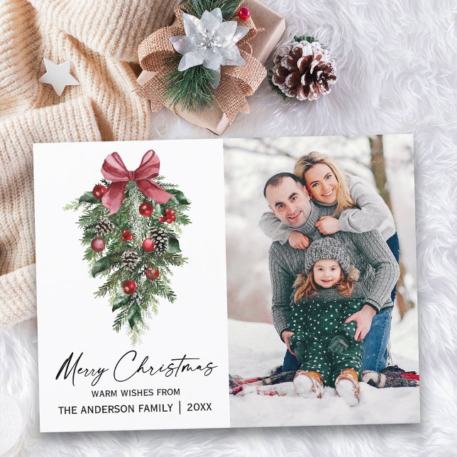 Watercolor Pines Calligraphy Ink Photo Christmas Holiday Postcard (Customize to change your personalized text size or text style.)